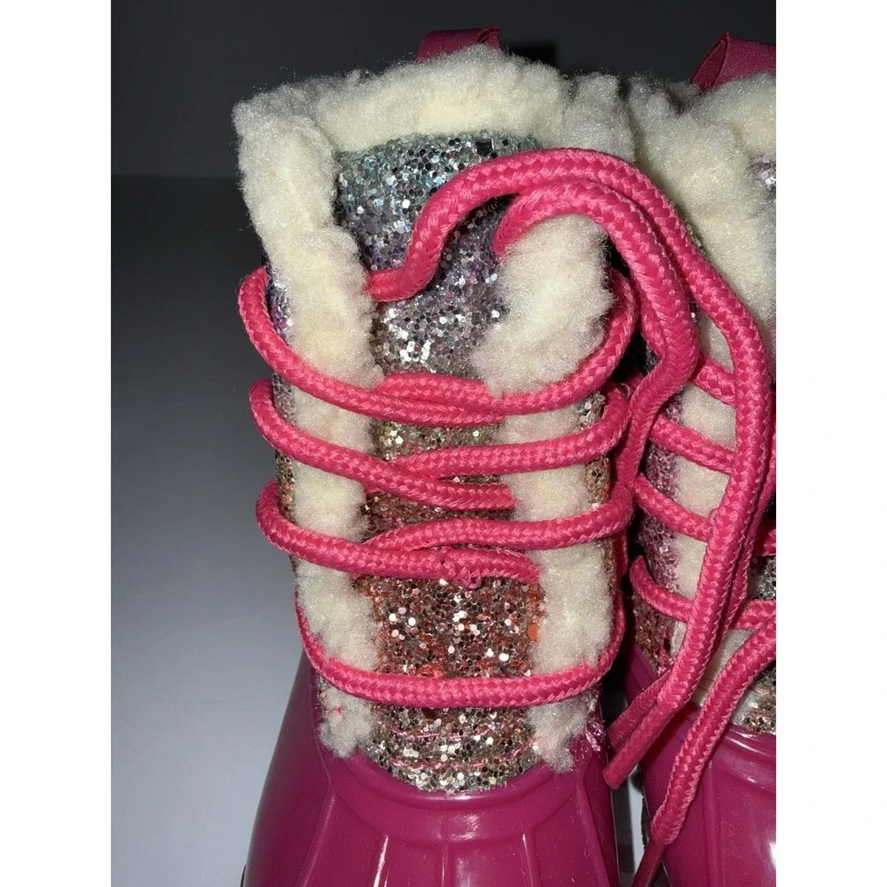 Adrienne Vittadini Bambini Girls Rain Boots 8 Fuchsia Pink Glitter Fur Snow NEW